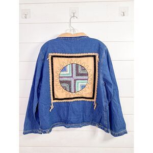 Ultimate Philadelphia Women's Denim Beaded Western Aztec Jean Jacket Blue Medium